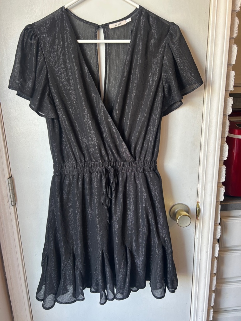 Mi Ami Black Metallic Flutter Sleeve Wrap Mini Dress